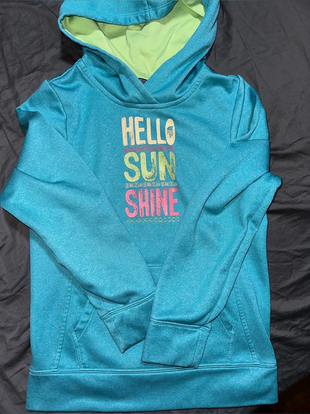 The North Face Teal Hooded Sweatshirt with Neon Graphic